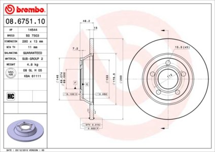 Tarcza hamulcowa BREMBO 08.6751.10 8D0615301A