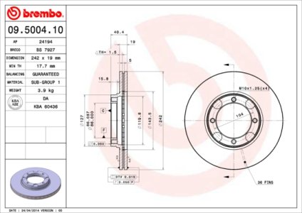 Tarcza hamulcowa BREMBO 09.5004.10 5171224100