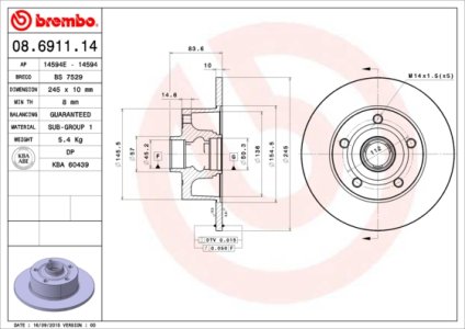 Tarcza hamulcowa BREMBO 08.6911.14 8D0615601B
