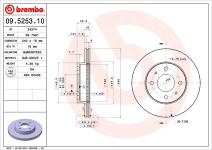 Tarcza hamulcowa BREMBO 09.5253.10 4020658A00