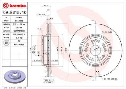 Tarcza hamulcowa BREMBO 09.8315.10 4351250152