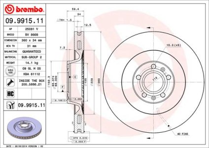 Tarcza hamulcowa BREMBO 09.9915.11 4E0615301A