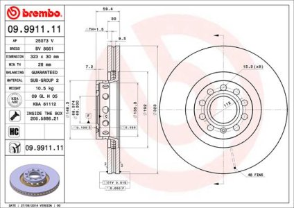 Tarcza hamulcowa BREMBO 09.9911.11 4D0615301J