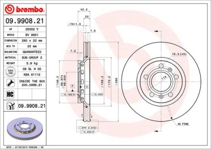 Tarcza hamulcowa BREMBO 09.9908.21 4E0615601