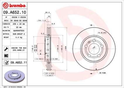 Tarcza hamulcowa BREMBO 09.A652.11 8L0615601