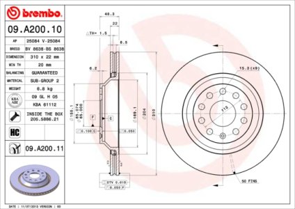 Tarcza hamulcowa BREMBO 09.A200.11 1K0615601N
