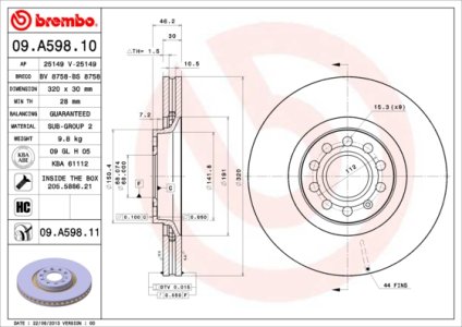 Tarcza hamulcowa BREMBO 09.A598.11 8D0615301M