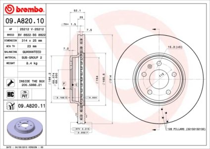 Tarcza hamulcowa BREMBO 09.A820.11 8K0615301
