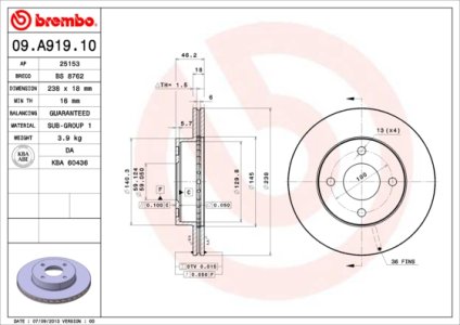 Tarcza hamulcowa BREMBO 09.A919.10 4020672B00