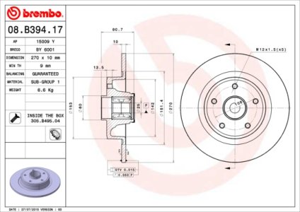 Tarcza hamulcowa BREMBO 08.B394.17 7701208850