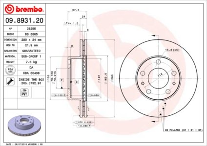 Tarcza hamulcowa BREMBO 09893121 51728377 FIAT DUCATO  02-06 WENT. (11-15)