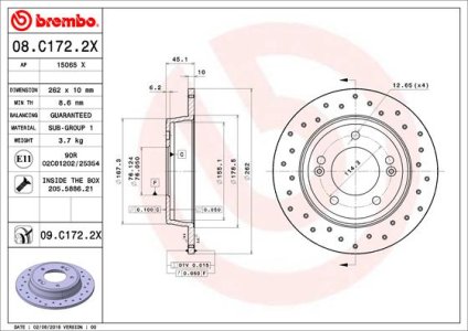 Tarcza hamulcowa BREMBO 08.C172.2X tył HYUNDAI I30  11