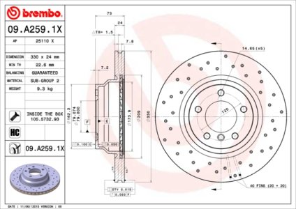 Tarcza hamulcowa BREMBO 09 A259 1X 34116764645 BMW 3 E90  05- WEN
