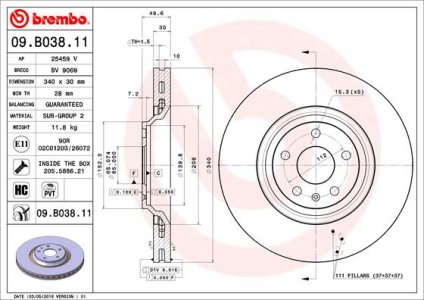 Tarcza hamulcowa BREMBO 09B03811 8J0615301 AUDI TT  07- PRZÓD