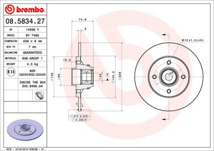 Tarcza hamulcowa BREMBO 08.5834.27 + łożysko tył RENAULT