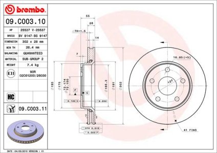 TARCZA HAMULCOWA BREMBO 09.C003.11 JEEP WRANGLER  06 przód