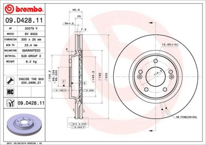 Tarcza hamulcowa BREMBO 09 D428 11 51712D7000 HYUNDAI TUCSON  15- PRZÓD
