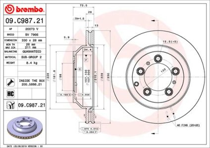 Tarcza hamulcowa BREMBO 09C98721 9Y0615601P PORSCHE CAYENNE  17- TYŁ