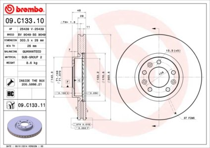 Tarcza hamulcowa BREMBO 09 C133 11 424993 PEUGEOT 508  10- PRZÓD