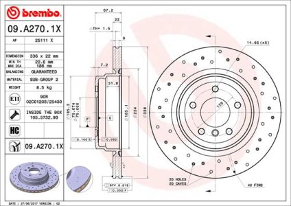 Tarcza hamulcowa BREMBO 09 A270 1X 34216764655 BMW 3 E90  05- TYŁ WEN.