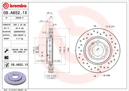 Tarcza hamulcowa BREMBO 09.A652.1X 8L0615601