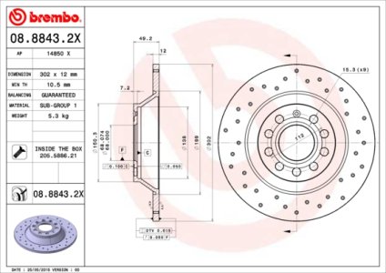 Tarcza hamulcowa BREMBO 08.8843.2X 4F0615601E