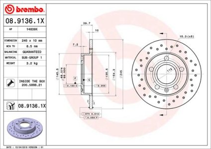 Tarcza hamulcowa BREMBO 08.9136.1X 8E0615601B