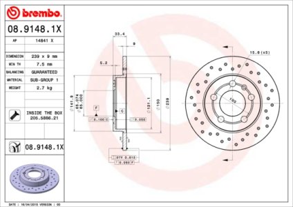 Tarcza hamulcowa BREMBO 08.9148.1X 1J0615601D
