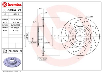 Tarcza hamulcowa BREMBO 08.9364.2X 51767377