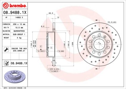 Tarcza hamulcowa BREMBO 08.9488.1X 1K0615601L