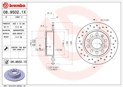 Tarcza hamulcowa BREMBO 08.9502.1X 1K0615601K