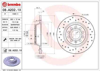 Tarcza hamulcowa BREMBO 08.A202.1X 1K0615601M