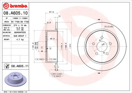 Tarcza hamulcowa BREMBO 08.A605.11 26700AG000