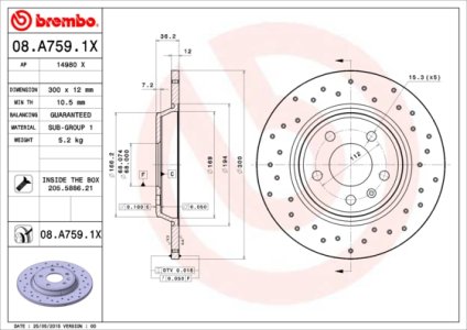 Tarcza hamulcowa BREMBO 08.A759.1X 8K0615601B TYŁ