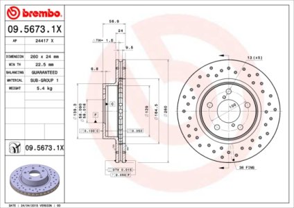 Tarcza hamulcowa BREMBO 09.5673.1X 26310AA031