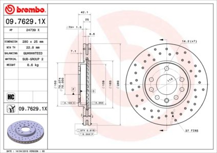 Tarcza hamulcowa BREMBO 09.7629.1X 0569060