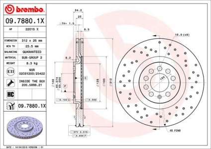 Tarcza hamulcowa BREMBO 09.7880.1X 8L0615301