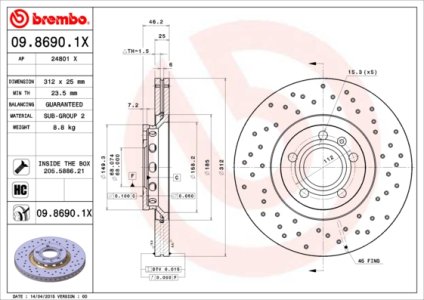 Tarcza hamulcowa BREMBO 09.8690.1X 4B0615301A