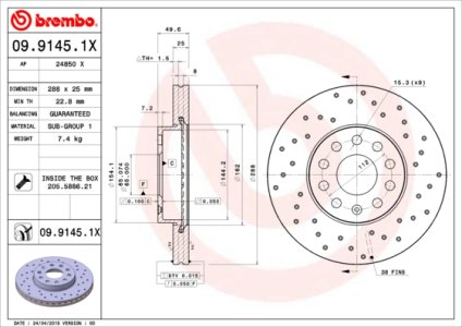 Tarcza hamulcowa BREMBO 09.9145.1X 1K0615301T