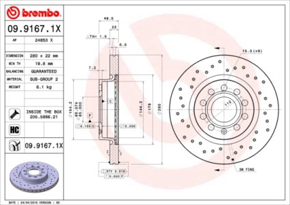 Tarcza hamulcowa BREMBO 09.9167.1X 1K0615301S