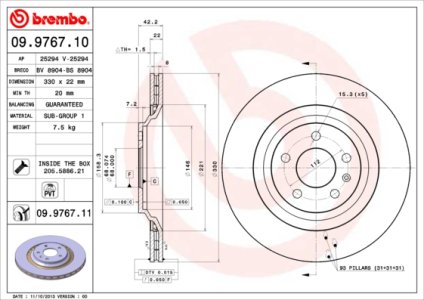 Tarcza hamulcowa BREMBO 09.9767.11 4F0615601B