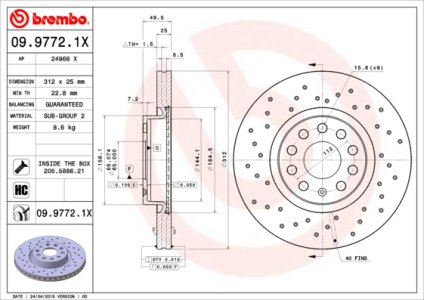 Tarcza hamulcowa BREMBO 09.9772.1X 1K0615301AA