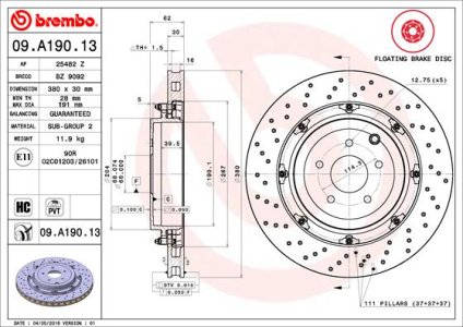 Tarcza hamulcowa BREMBO 09.A190.13 43206JF20A