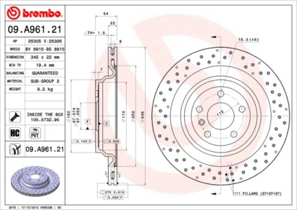Tarcza hamulcowa BREMBO 09.A961.21 1664230312