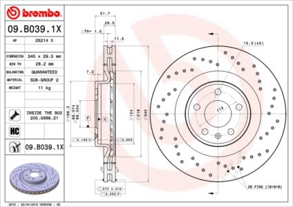 Tarcza hamulcowa BREMBO 09.B039.1X 8K0615301K