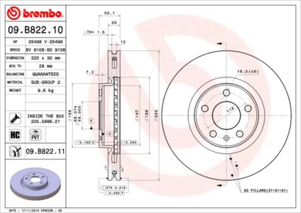 Tarcza hamulcowa BREMBO 09.B822.11 8R0615301C