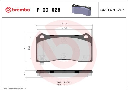 Klocki hamulcowe BREMBO P09028 800824000A TESLA MODEL 3 17- przód