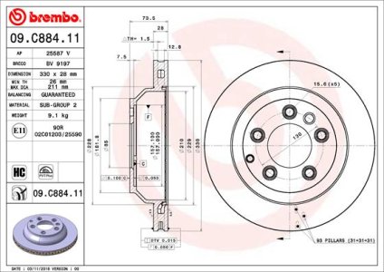 Tarcza hamulcowa BREMBO 09 C884 11 95535240130 VW TOUAREG 02- TYŁ
