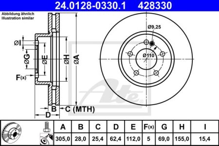 Tarcza hamulcowa ATE 24 0128 0330 0004212512 MERCEDES W205 C-KLASA  14- PRZÓD