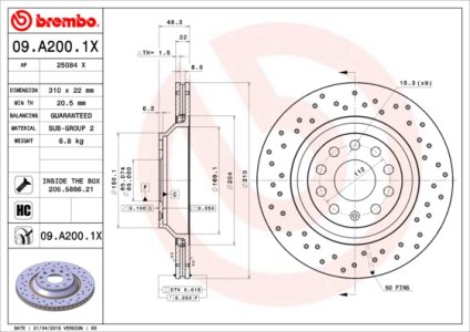 Tarcza hamulcowa BREMBO 09 A200 1X 1K0615601N VW PASSAT  05- TYŁ